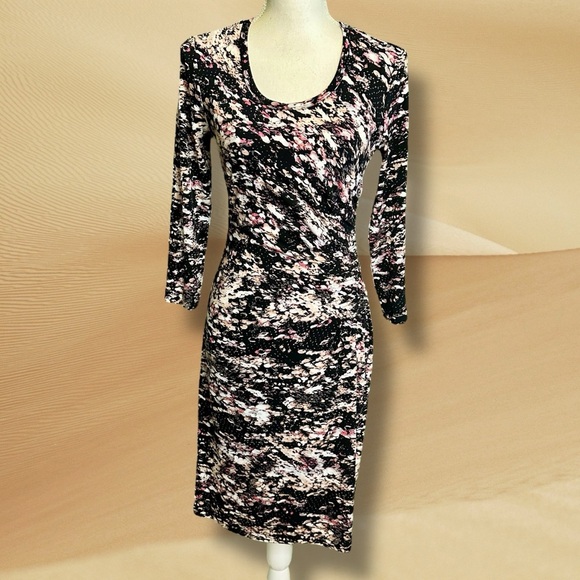 Calvin Klein Black & Pink Abstract Print Pleated Cinched Waist Jersey Knit Dress - Picture 1 of 13